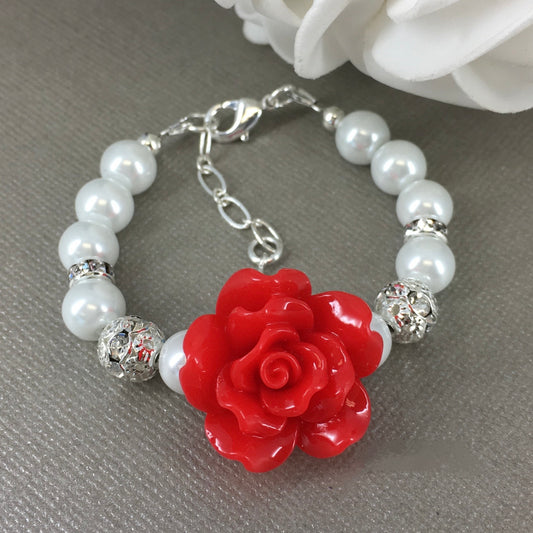 Red Rose Pearl Necklace Bracelet Earrings