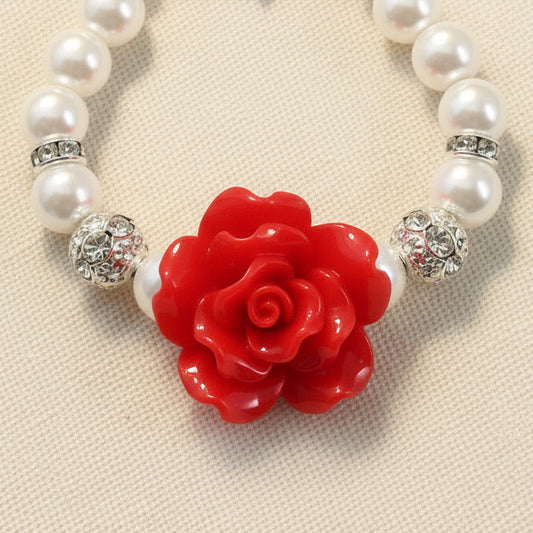 Red Rose Pearl Necklace Bracelet Earrings