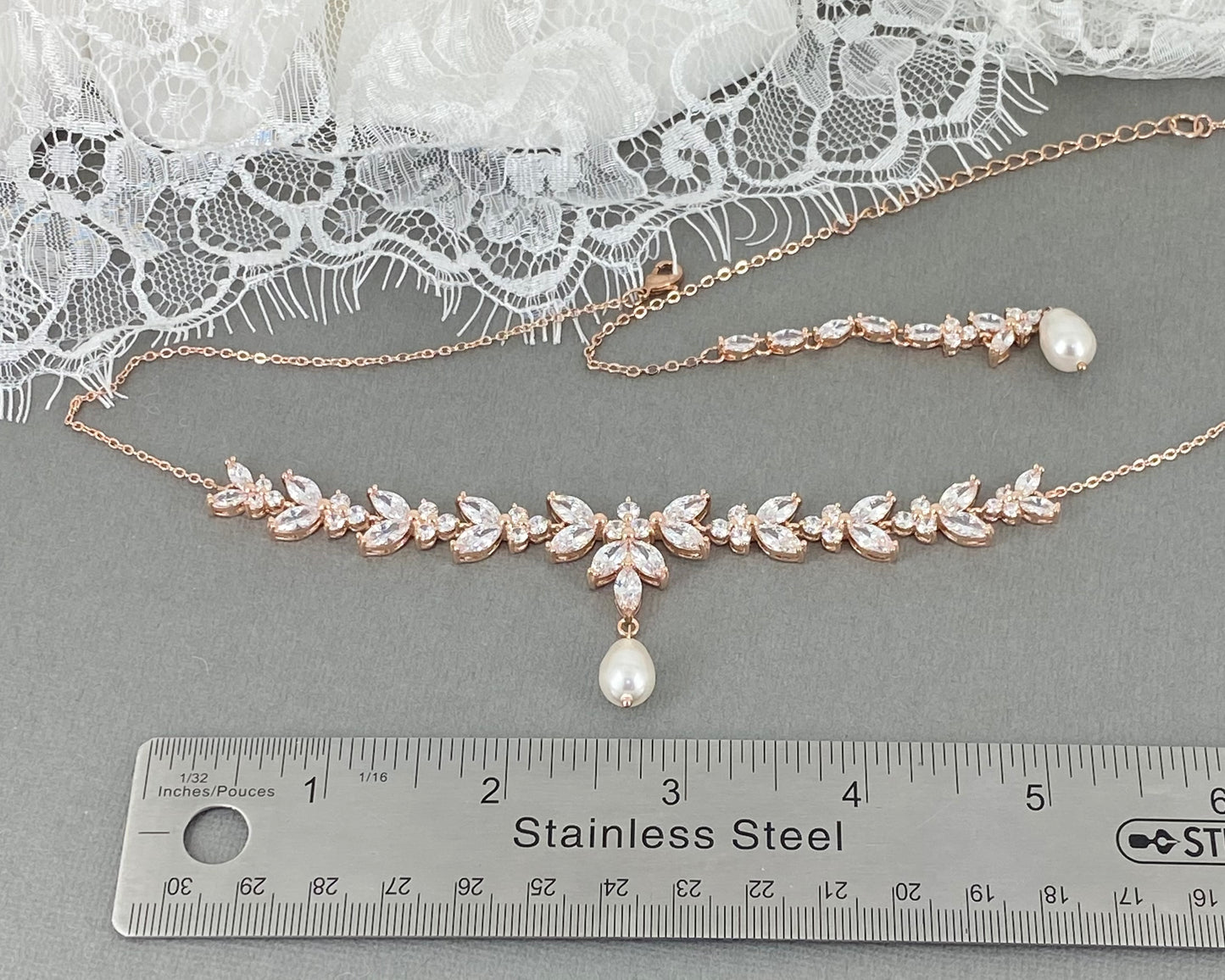 Wedding CZ Rose Gold Plated Statement Backdrop Pearl Necklace