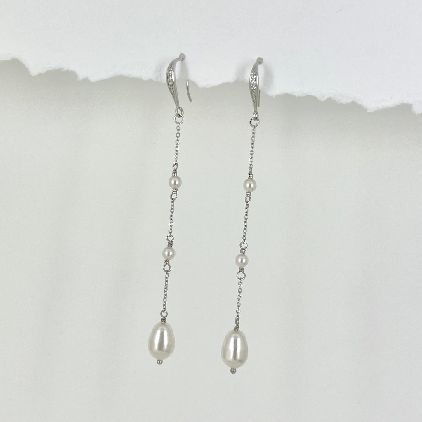 Bridal Wedding Linear Pearl Drop Long Earrings