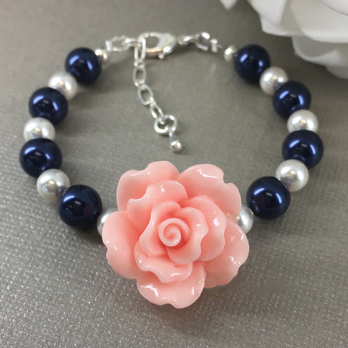 Blush Pink Rose Navy and White Pearl Necklace Bracelet Earrings