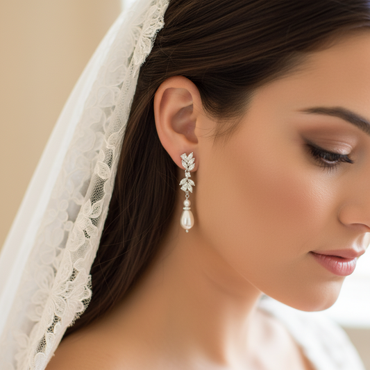 Bridal Leaf Crystal and Pearl Drop Silver Earrings
