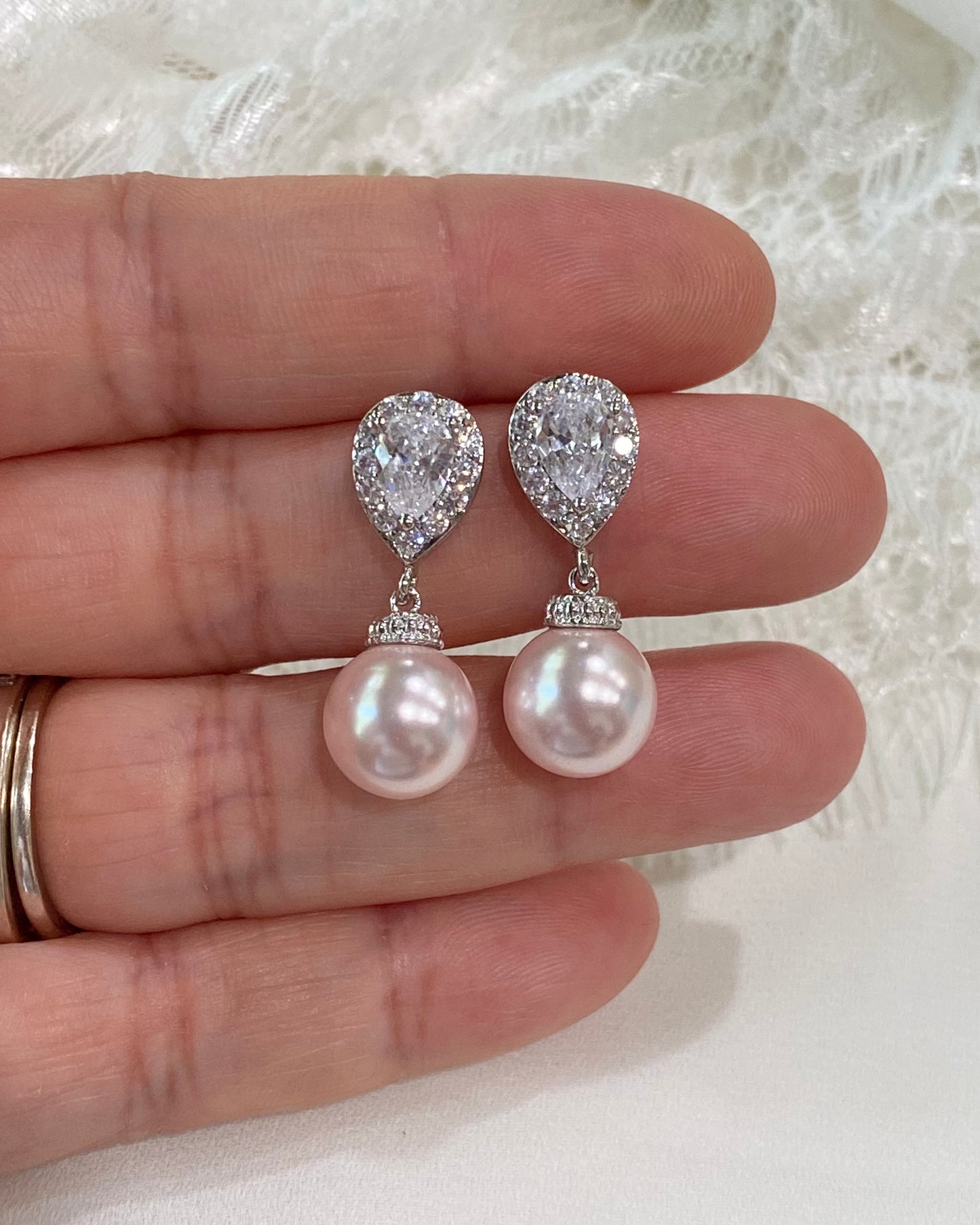 Wedding Bridal Light Pink Pearl Necklace and Earrings Set