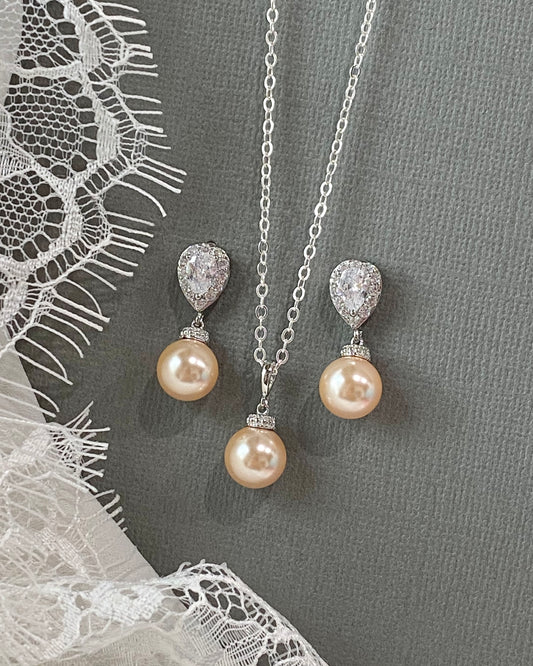 Liya Peach Pearl Necklace and Earrings Set