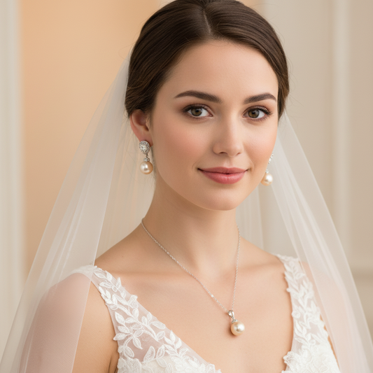 Wedding Bridal Peach Pearl Necklace and Earrings Set
