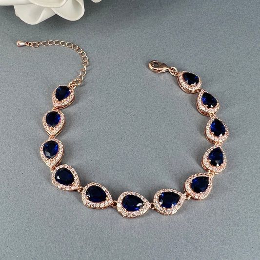 Wedding Bridal Cubic 18K Gold Plated Sapphire Blue Teardrop Bracelet