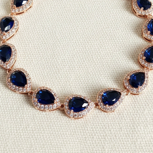 Wedding Bridal Cubic 18K Gold Plated Sapphire Blue Teardrop Bracelet