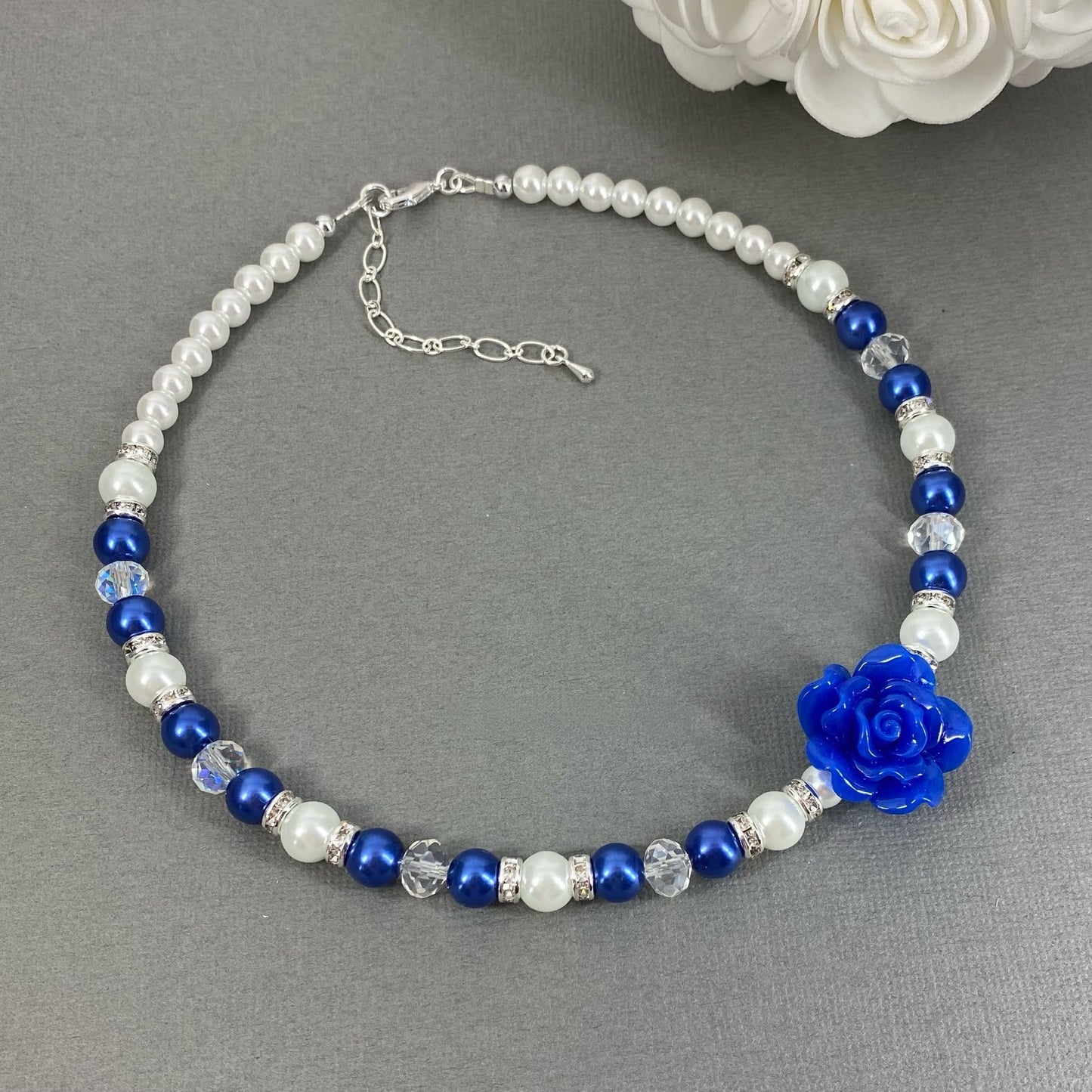 Royal Blue Flower Rose Pearl Necklace Bracelet Earrings
