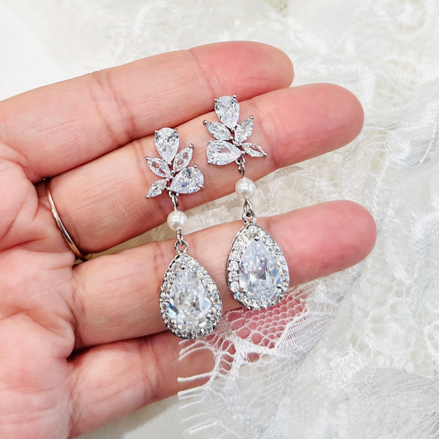 Wedding Bridal SIlver Floral CZ Teardrop Earrings