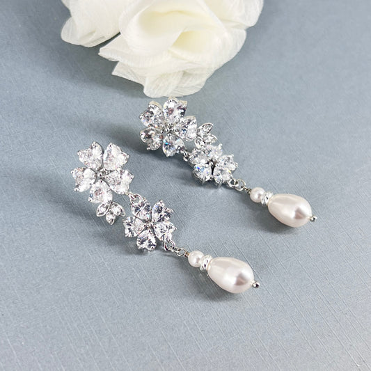 Wedding Bridal Flower Cubic and Pearl Earrings