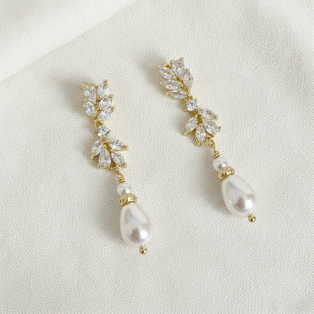 Bridal Leaf Crystal and Pearl Drop Gold Earrings
