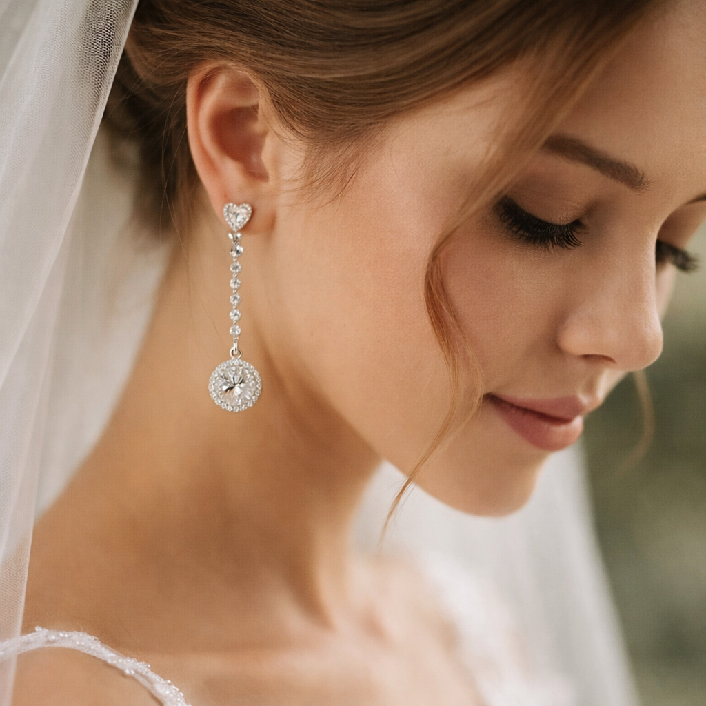 Bridal Long Round Drop Crystal Earrings