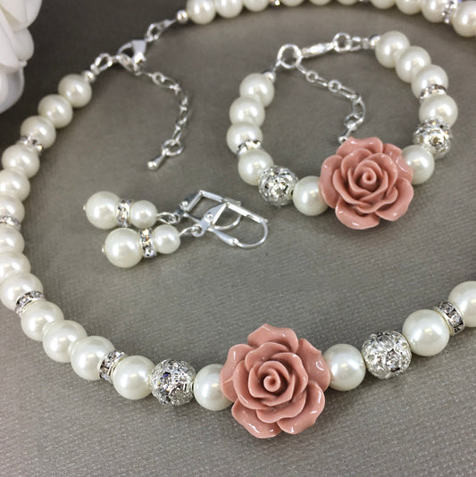 Taupe Flower Light Brown Resin Necklace Bracelet Earrings