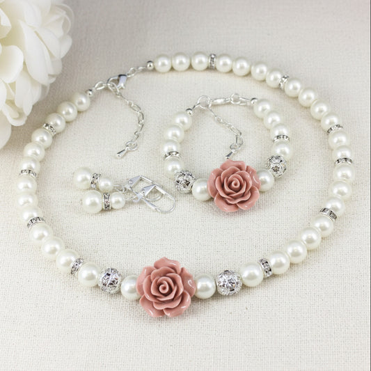 Taupe Flower Light Brown Resin Necklace Bracelet Earrings