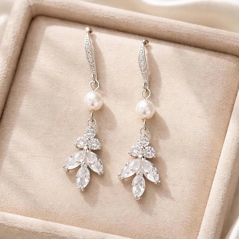 Wedding Bridal Bridesmiads CZ Leaf and Pearl Dangle Earrings