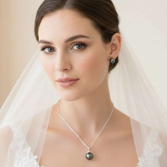 Woman wearing a pearl necklace and earrings with a veil