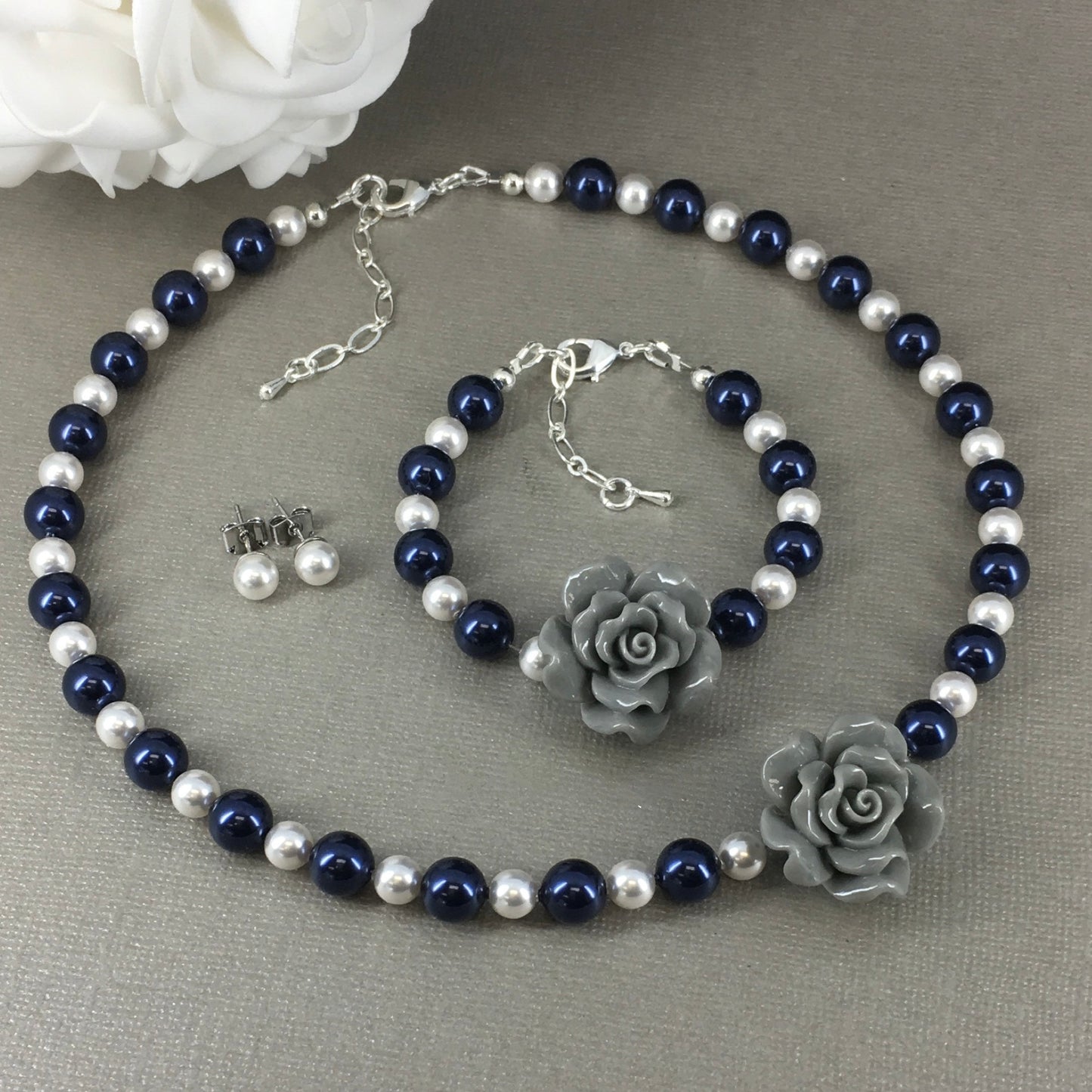 Gray Flower Rose Navy and White Pearl necklace Bracelet Earrings