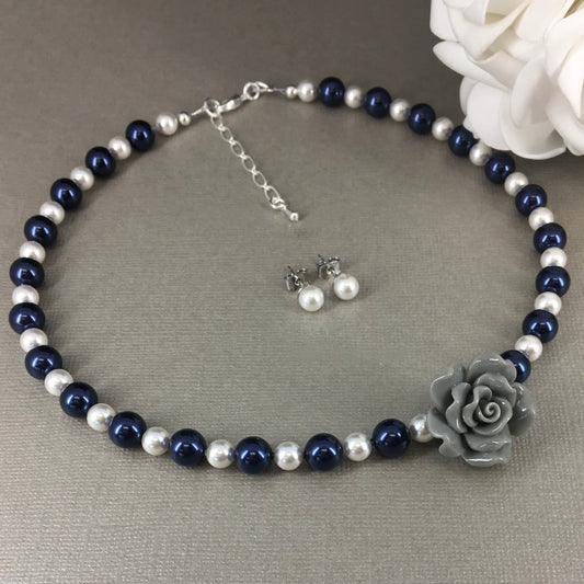 Gray Flower Rose Navy and White Pearl necklace Bracelet Earrings