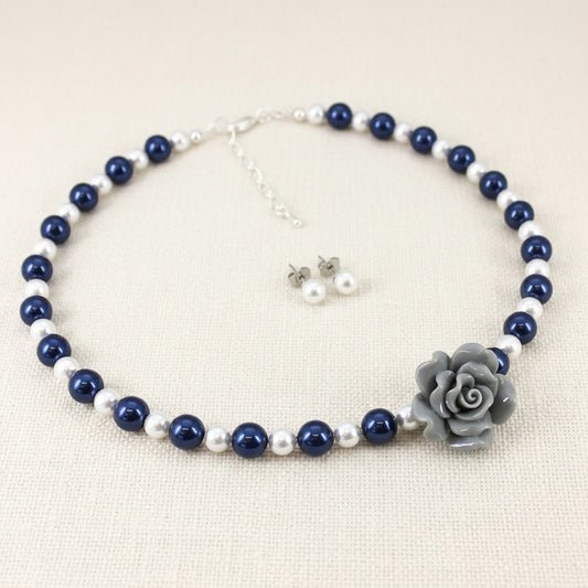 Gray Flower Rose Navy and White Pearl necklace Bracelet Earrings