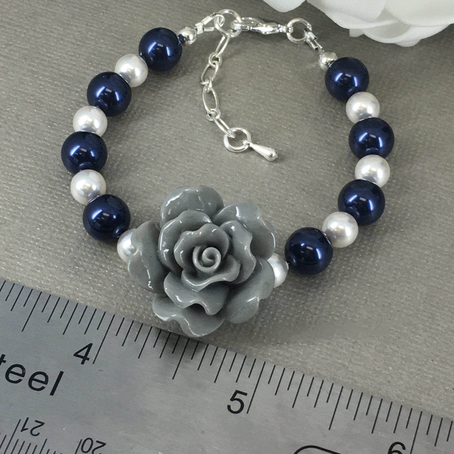 Gray Flower Rose Navy and White Pearl necklace Bracelet Earrings