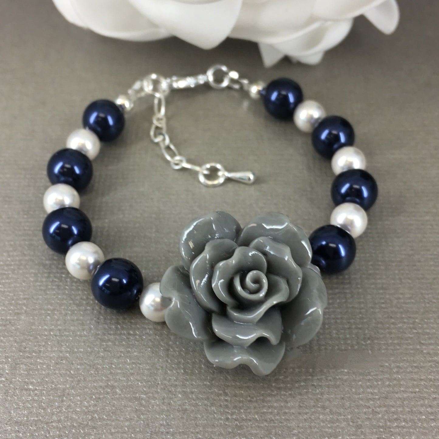 Gray Flower Rose Navy and White Pearl necklace Bracelet Earrings