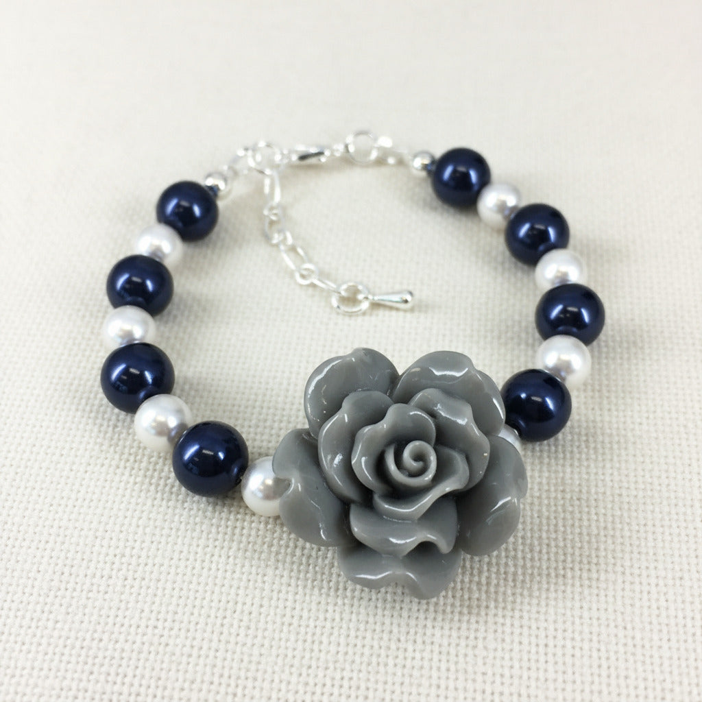 Gray Flower Rose Navy and White Pearl necklace Bracelet Earrings