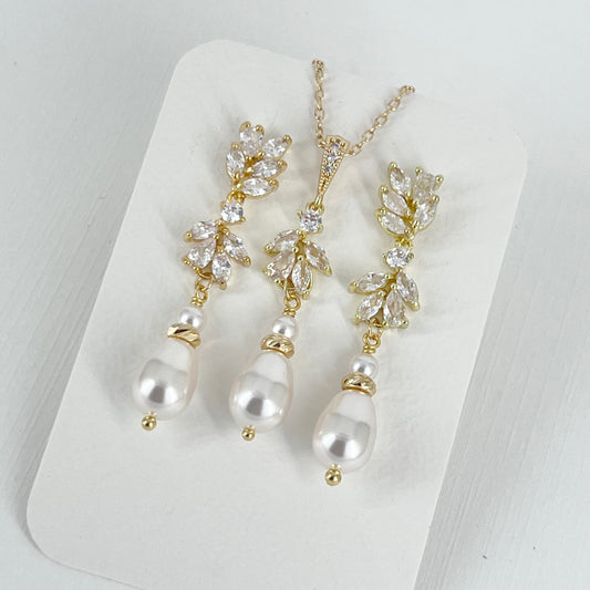 Bridal Wedding Floral Marquise Crystal and Pearl Necklace Earrings Set