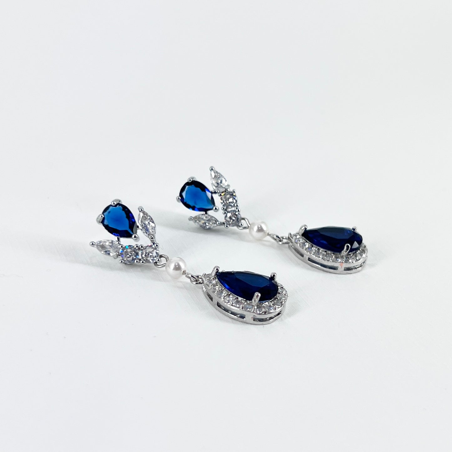 Bridal Wedding Sapphire Blue Teardrop CZ Floral Earrings
