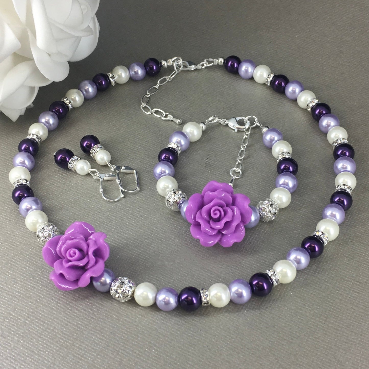 Shades of Purple Pearl with Lavender Rose Necklace Bracelet Earrings