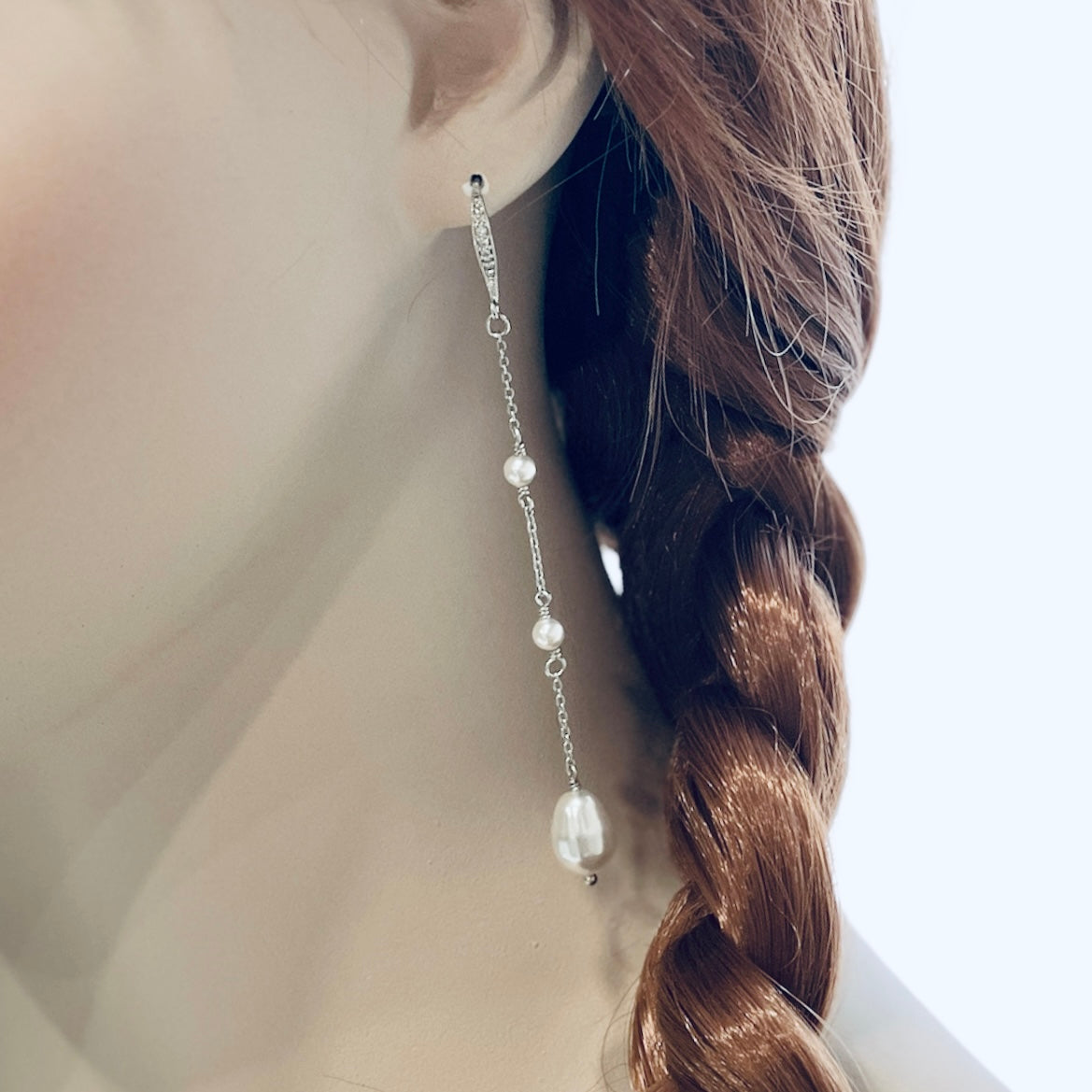 Bridal Wedding Linear Pearl Drop Long Earrings