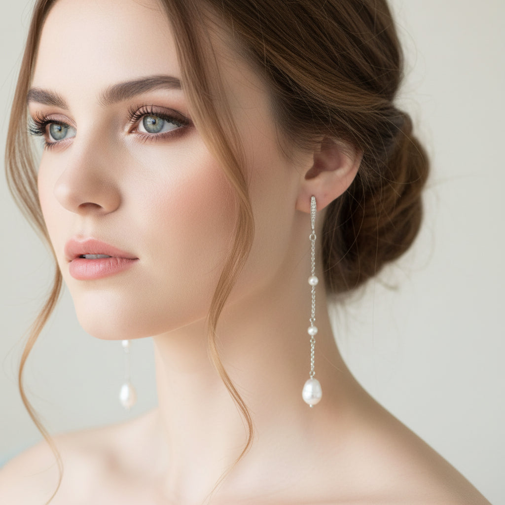 Bridal Wedding Linear Pearl Drop Long Earrings