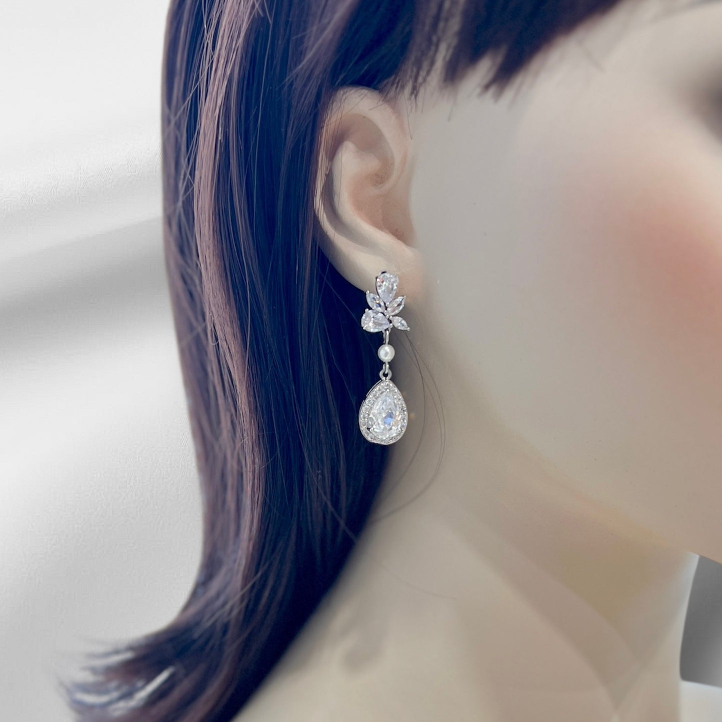 Wedding Bridal SIlver Floral CZ Teardrop Earrings