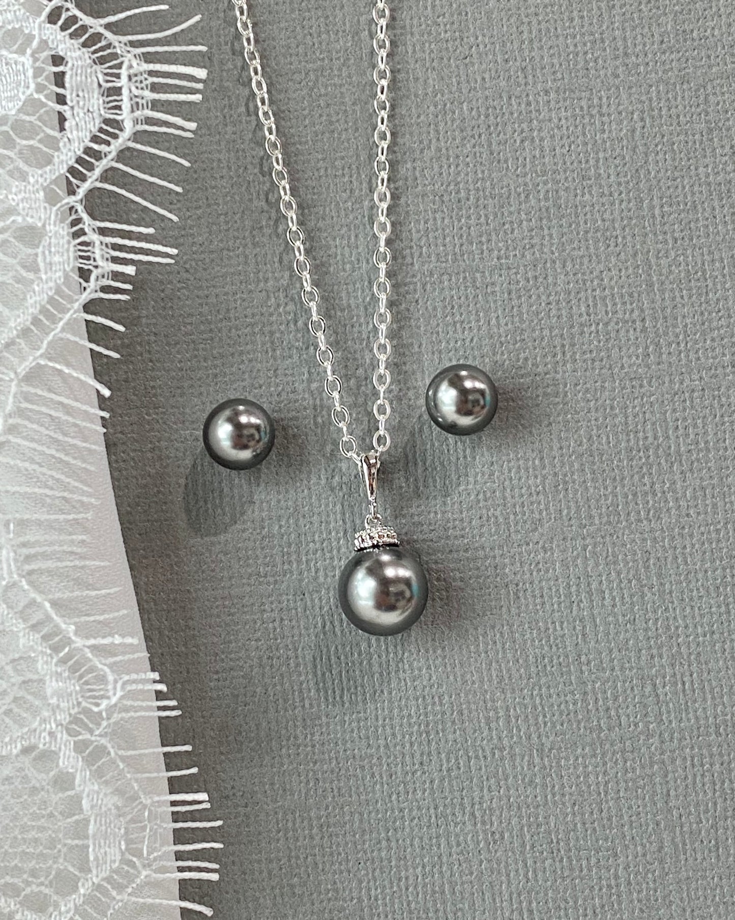 Lilly Dark Gray Pearl Necklace and Stud Earrings Set