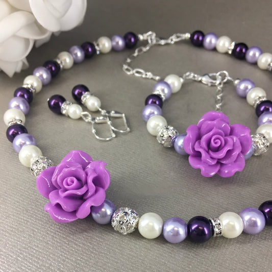 Shades of Purple Pearl with Lavender Rose Necklace Bracelet Earrings