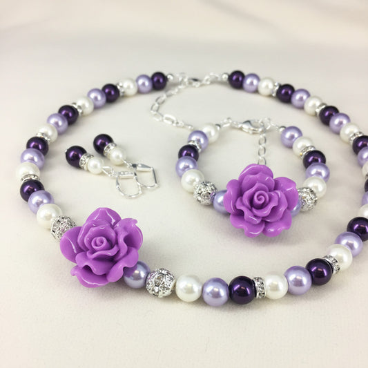 Shades of Purple Pearl with Lavender Rose Necklace Bracelet Earrings