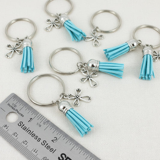 Cross and Baby Blue Tassle Key Chain Religious Baptisms Confirmations Gifts Wedding Favors