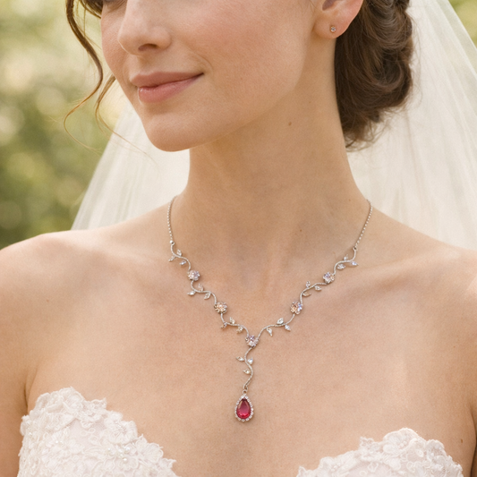 Wedding Bridal 2pcs CZ Red Christmas Necklace and Earrings Set