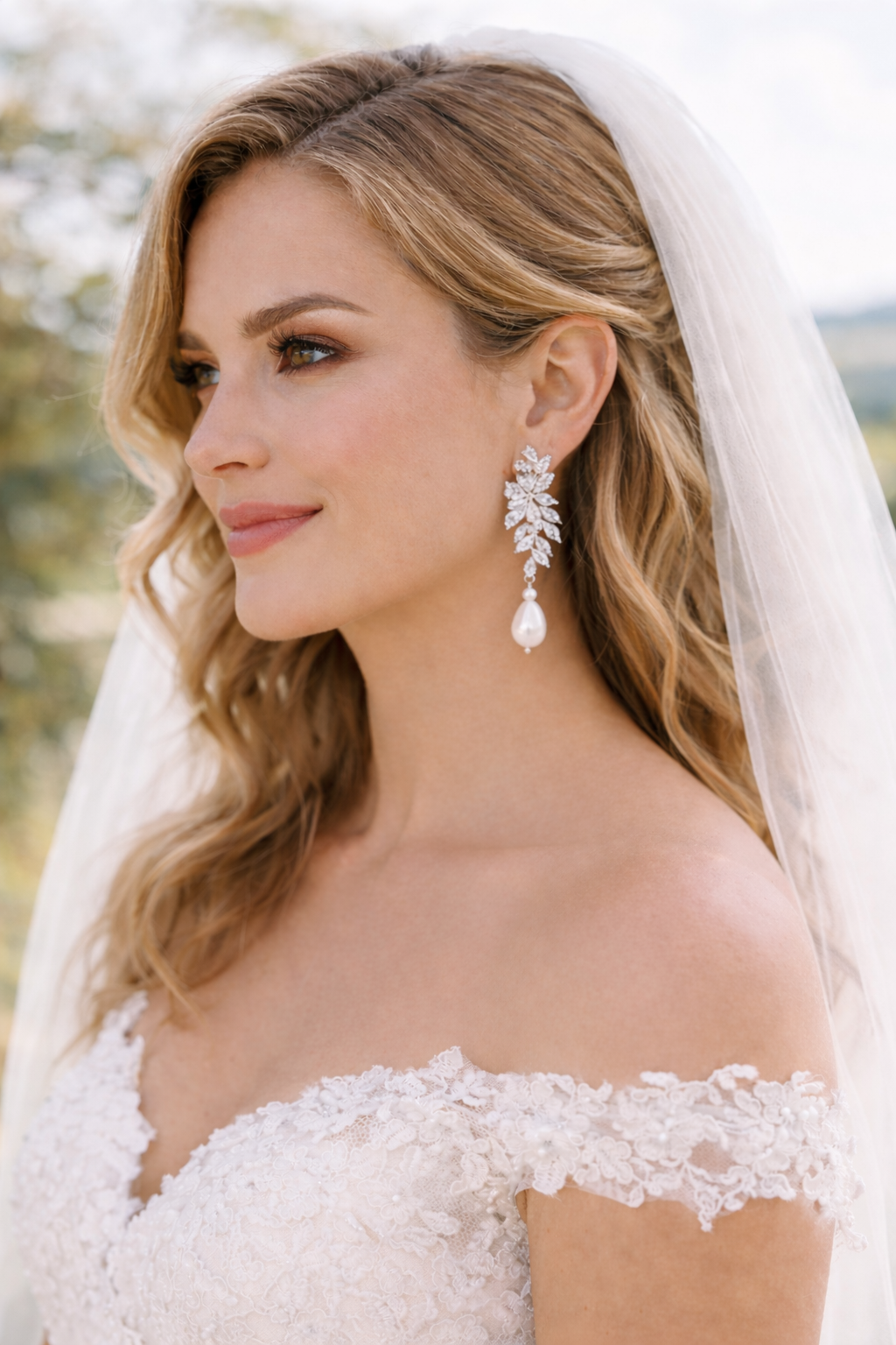 Bridal Clear Floral Crystal Pearl Drop Earrings