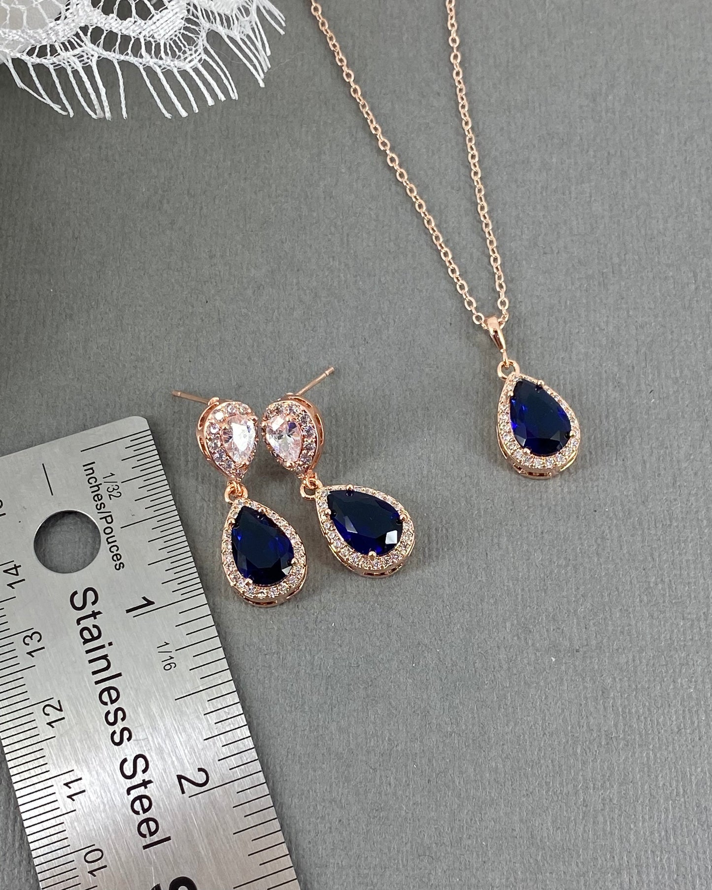 Wedding Bridal 2pcs CZ Sapphire Blue Necklace and Earrings Set