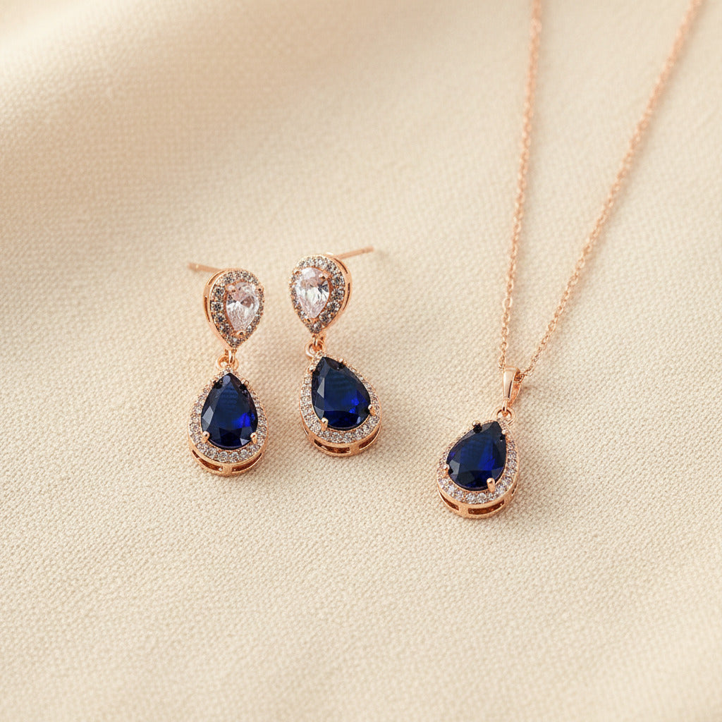 Wedding Bridal 2pcs CZ Sapphire Blue Necklace and Earrings Set