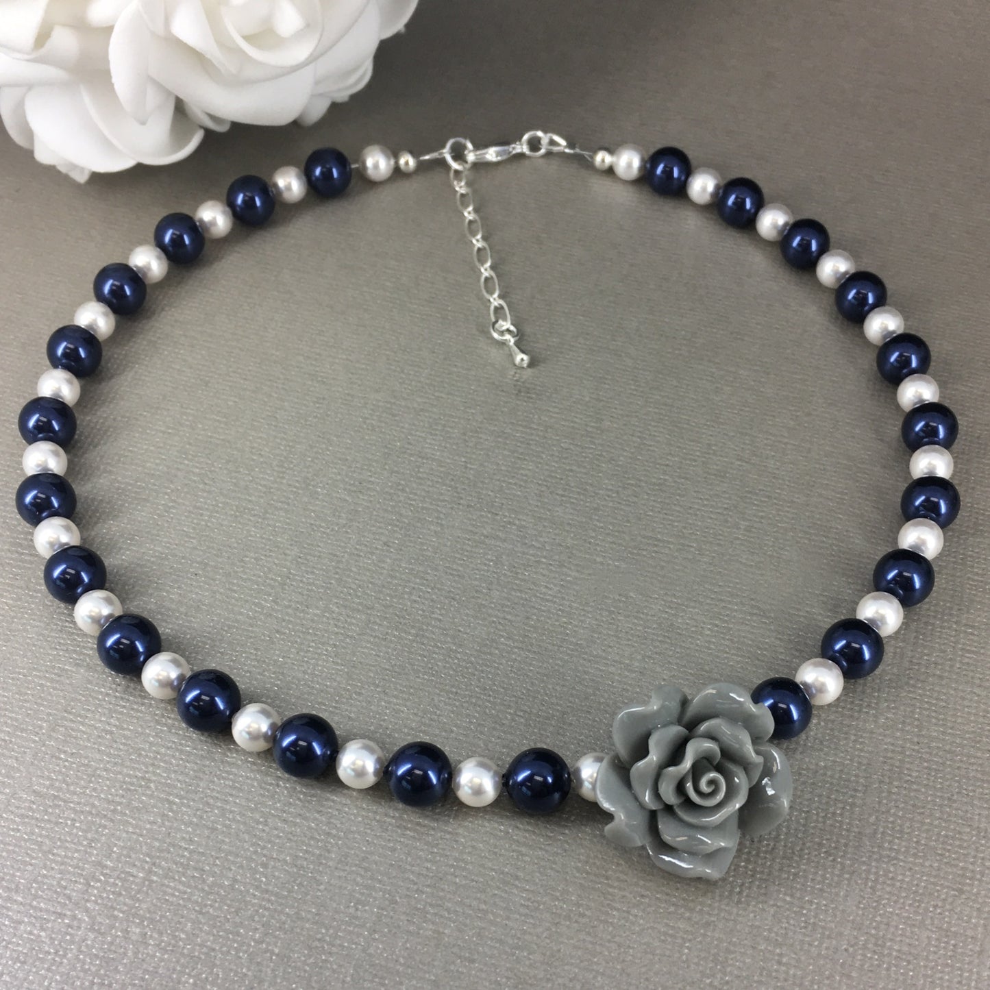 Gray Flower Rose Navy and White Pearl necklace Bracelet Earrings