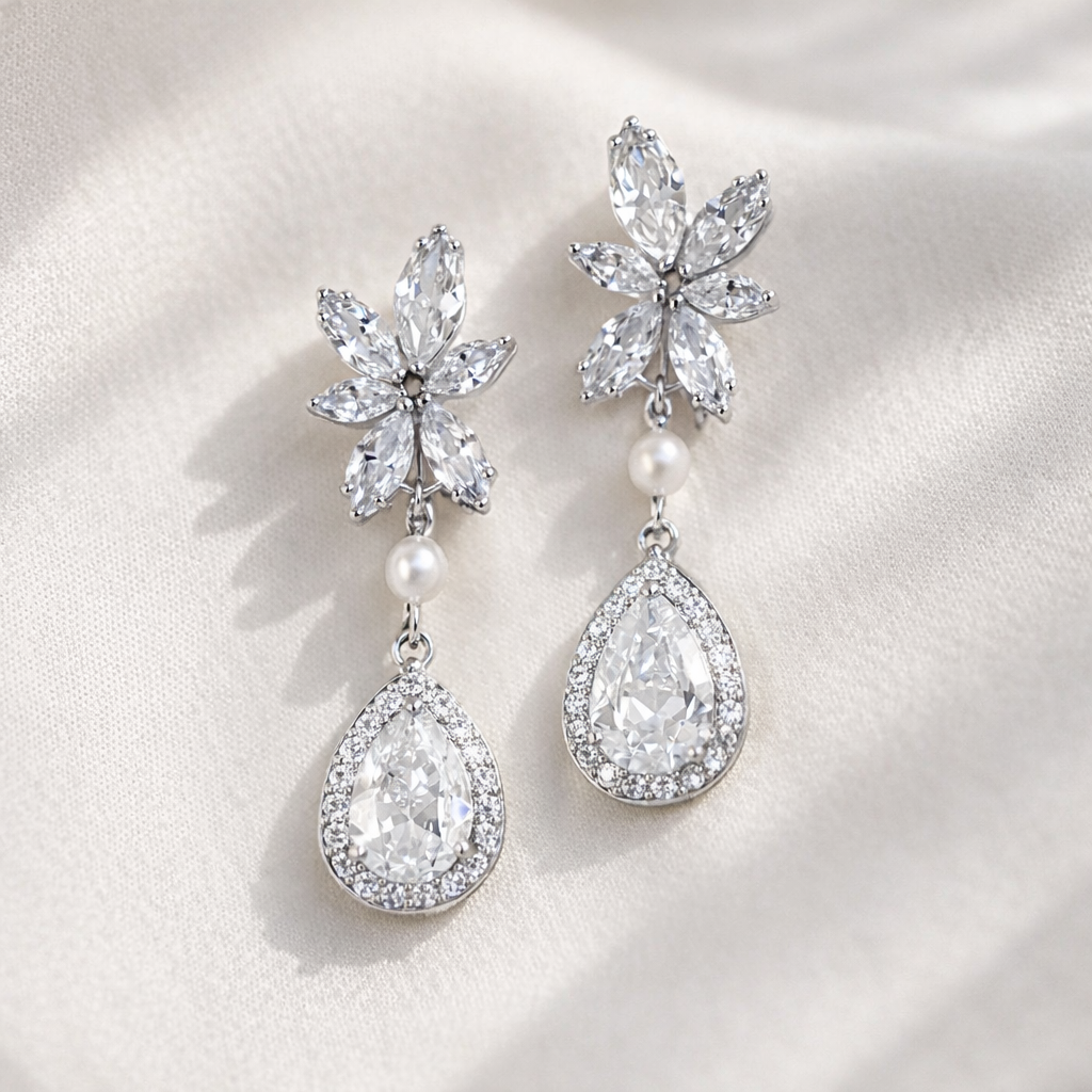 Bridal Teardrop Clip On Crystal Wedding Earrings Pearl Jewelry