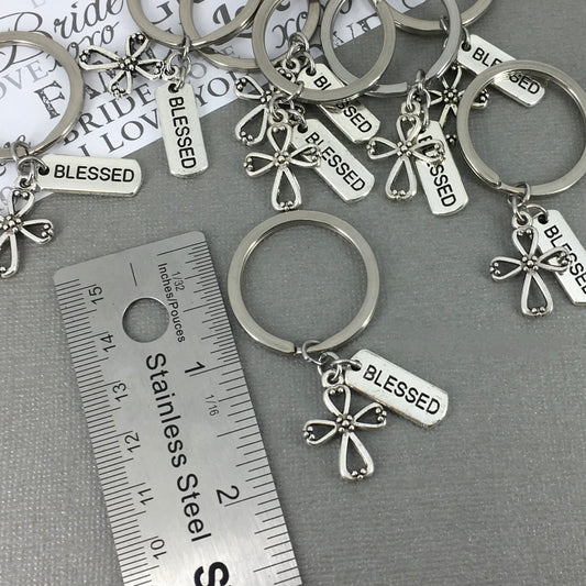 Cross and Blessed Charm Key Chain Religious Baptisms Confirmations Gifts Wedding Favors
