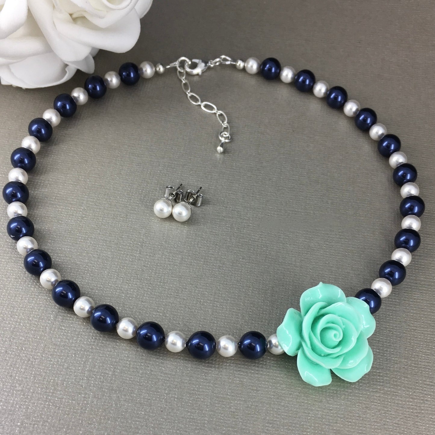 Mint Green Rose Navy Blue and White Pearl Necklace Bracelet Stud Earrings