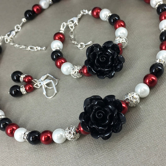 Red White Black Pearl with Resin Flower Necklace Bracelet Earrings
