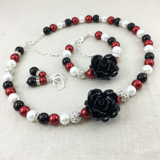 Red White Black Pearl with Resin Flower Necklace Bracelet Earrings