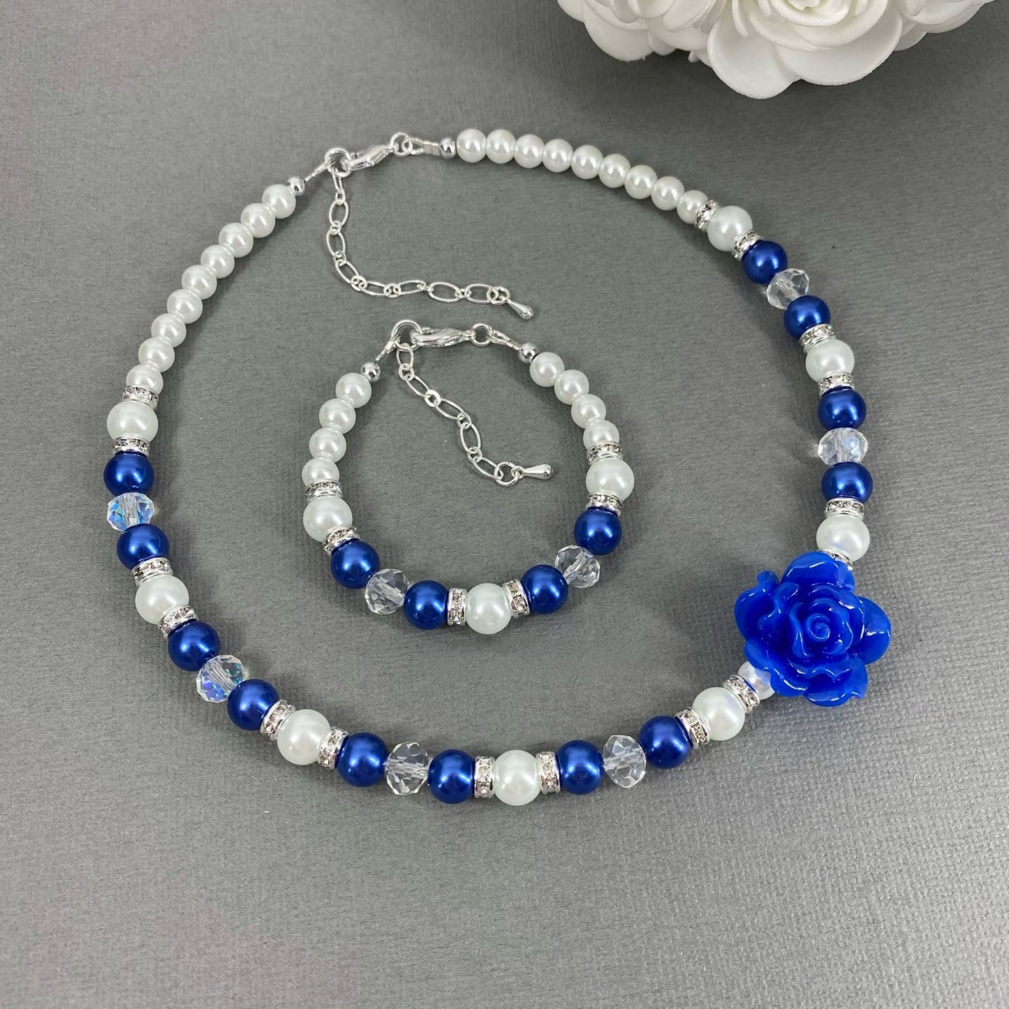 Royal Blue Flower Rose Pearl Necklace Bracelet Earrings