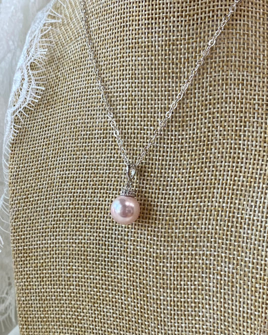 Wedding Bridal Light Pink Pearl Necklace and Earrings Set