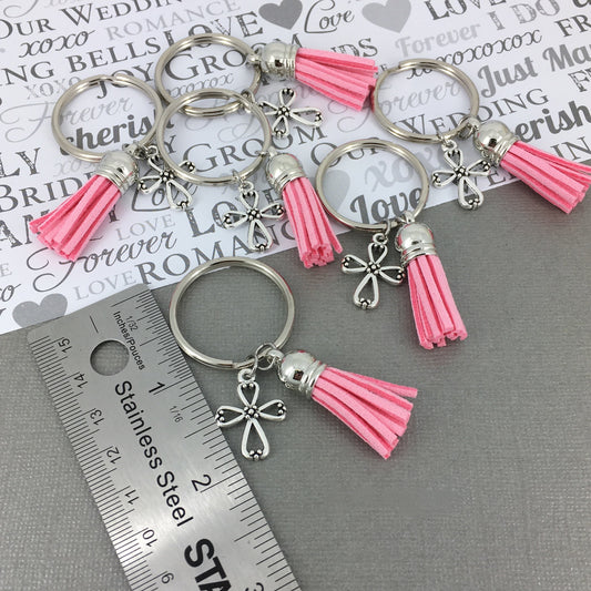 Cross and Pink Tassle Key Chain Religious Baptisms Confirmations Gifts Wedding Favors