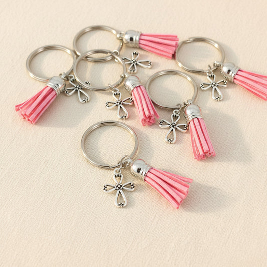 Cross and Pink Tassle Key Chain Religious Baptisms Confirmations Gifts Wedding Favors